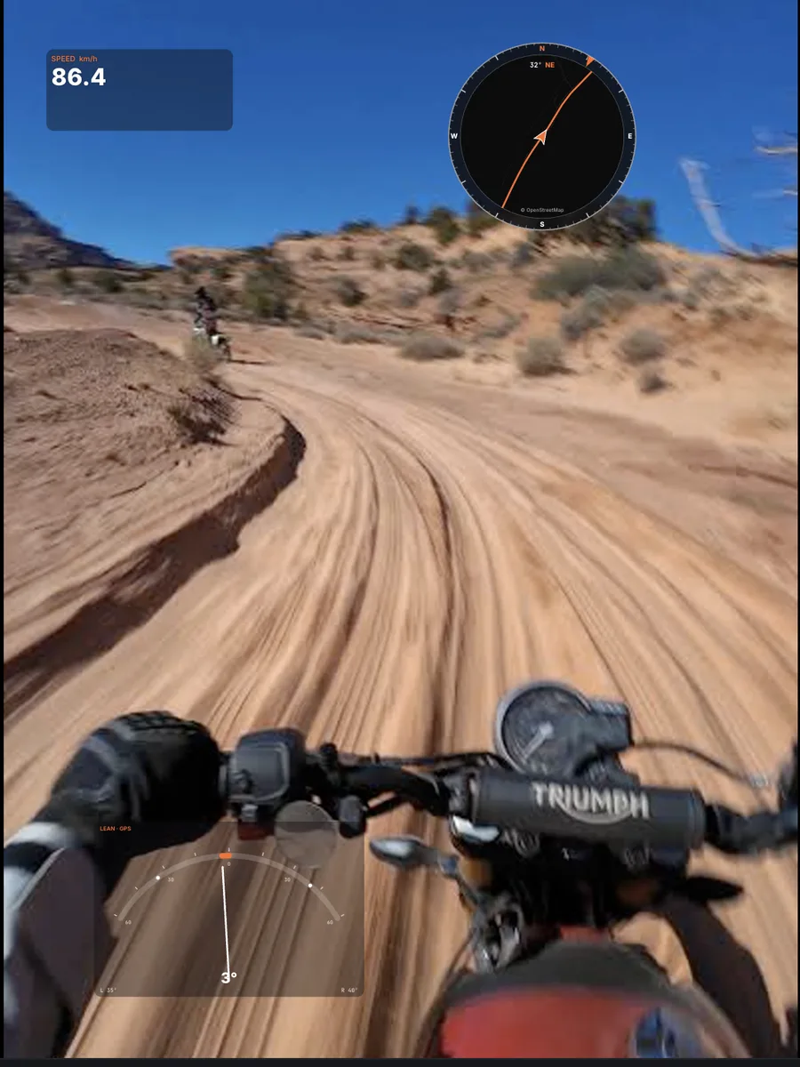 Motorcycle video with speed, map gauge and lean angle
